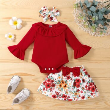 Infant Baby Girls Clothes Sets 3Pcs Pink Romper Long Sleeve Tops Flower Dress Headband Newborn Clothing 0-24 Months Set