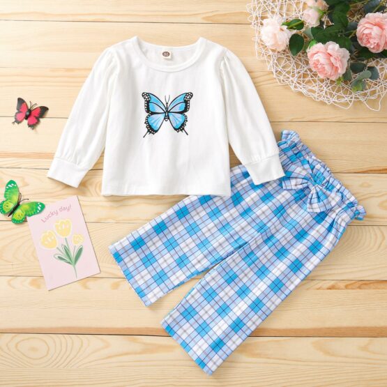 Girls Toddler Butterfly Print Blouse Suit Long Sleeve Pullover Butterfly Printing Tops Plaid Trousers Set