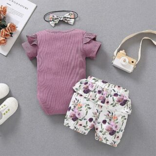 Newborn Infant Baby Girls Short Sleeve Ribbed Romper Top Floral Shorts Headband Set Outfits