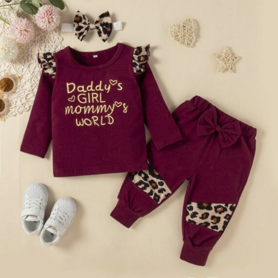 Daddys Girl Mommys World Autumn Winter Baby Girl Clothes Set 3pcs Leopard HeadbandLong Sleeve Tshirt Pants Newborn Clothes