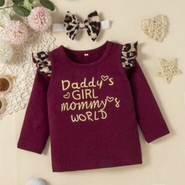 Daddys Girl Mommys World Autumn Winter Baby Girl Clothes Set 3pcs Leopard HeadbandLong Sleeve Tshirt Pants Newborn Clothes