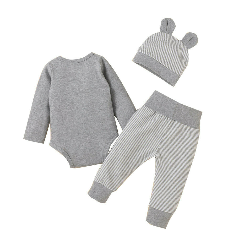 Baby Kids Boys Girls Elephant Print Long Sleeve Rompers Pants Hat Outfit Set
