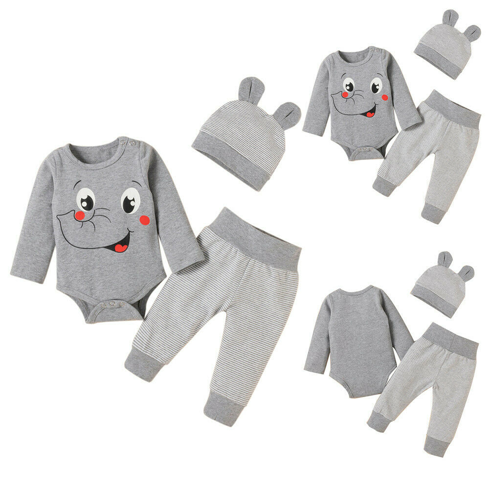 Baby Kids Boys Girls Elephant Print Long Sleeve Rompers Pants Hat Outfit Set