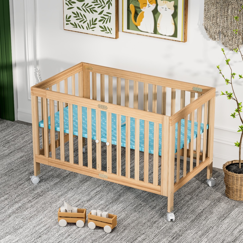 Foldable Adjustable and Mobile Wooden Crib with Wheels