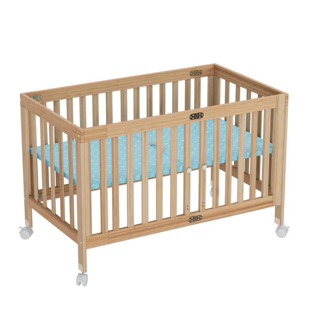 Foldable Adjustable and Mobile Wooden Crib with Wheels