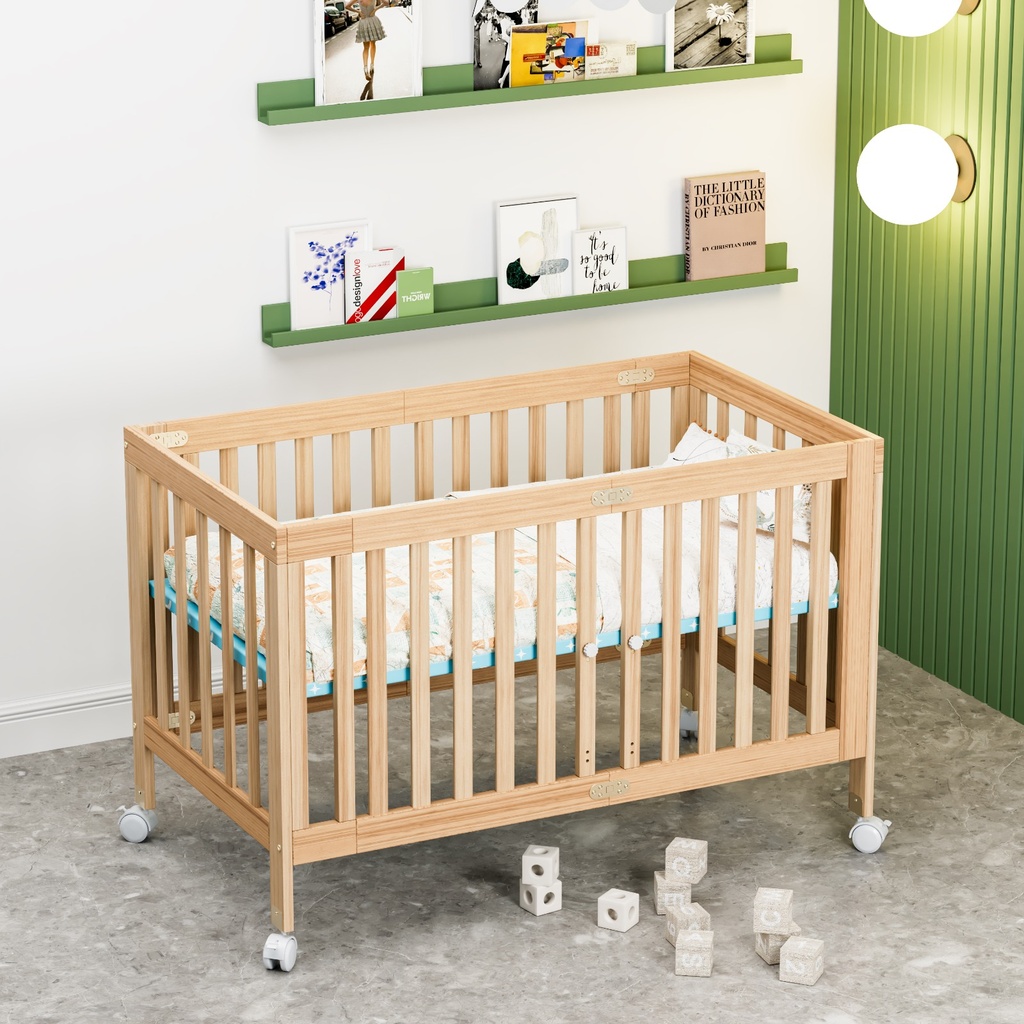 Foldable Adjustable and Mobile Wooden Crib with Wheels