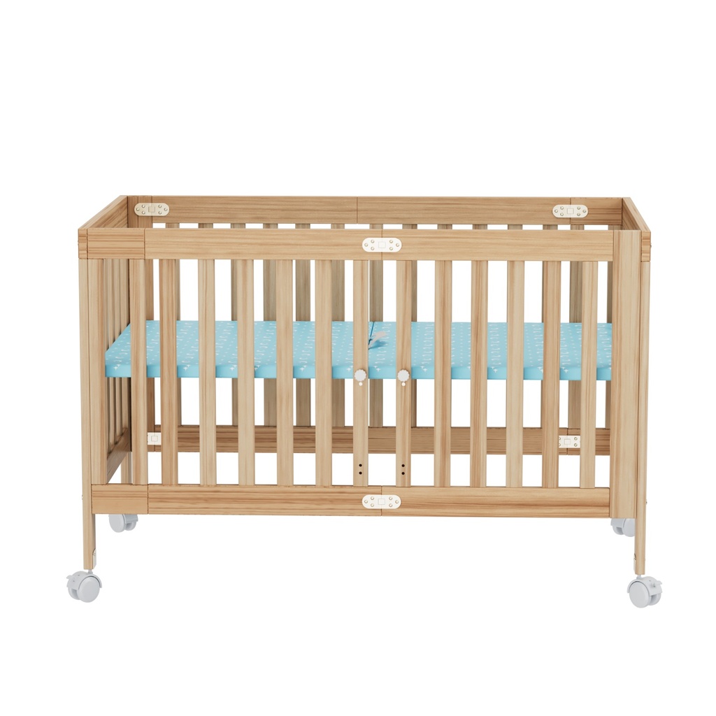 Foldable Adjustable and Mobile Wooden Crib with Wheels