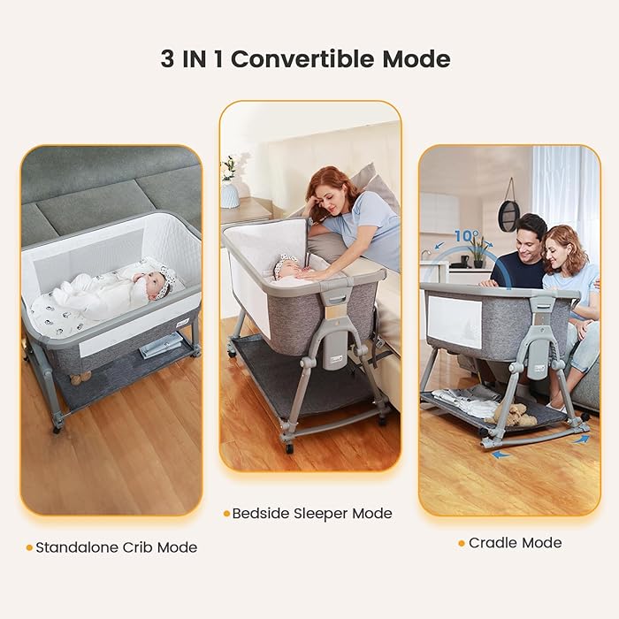 3 in 1 Foldable Baby Bassinet Bedside Sleeper with Large Storage Basket, Breathable Mesh and Cotton Mattress and Travel Bag
