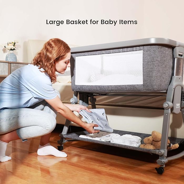 3 in 1 Foldable Baby Bassinet Bedside Sleeper with Large Storage Basket, Breathable Mesh and Cotton Mattress and Travel Bag