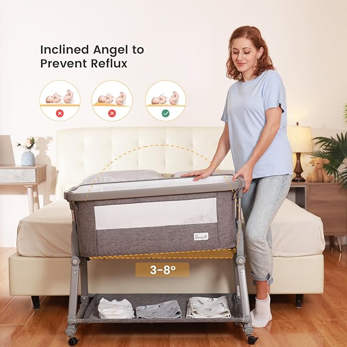3 in 1 Foldable Baby Bassinet Bedside Sleeper with Large Storage Basket, Breathable Mesh and Cotton Mattress and Travel Bag