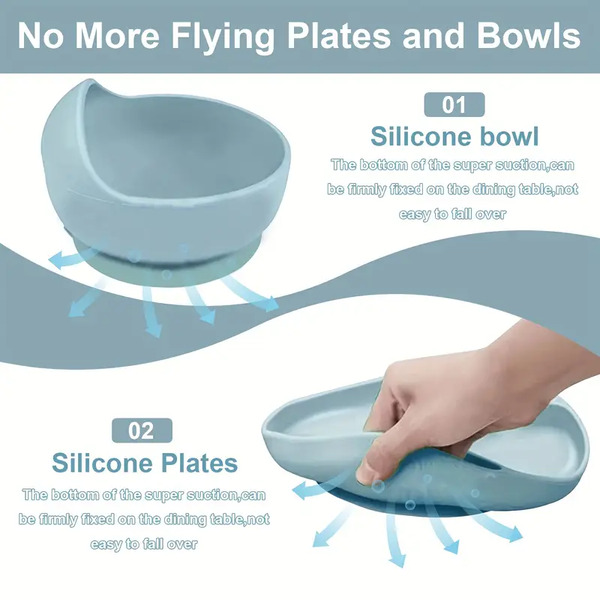 Feeding Set Toddler Weaning Set Silicone Bowl and Plate with Suction Spoon Fork