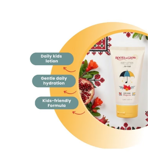 Roots & Glow Kids Body Lotion 75ml Gentle Hydration & Skin Barrier Support Nutrient-rich moisturizer for children’s delicate skin, inspired by Palestinian pomegranates