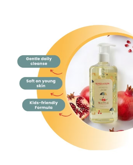 Roots & Glow Kids Shower Gel Gentle Daily Cleanse & Nourishing Care Mild shower gel for children’s delicate skin, inspired by Palestinian pomegranates. 