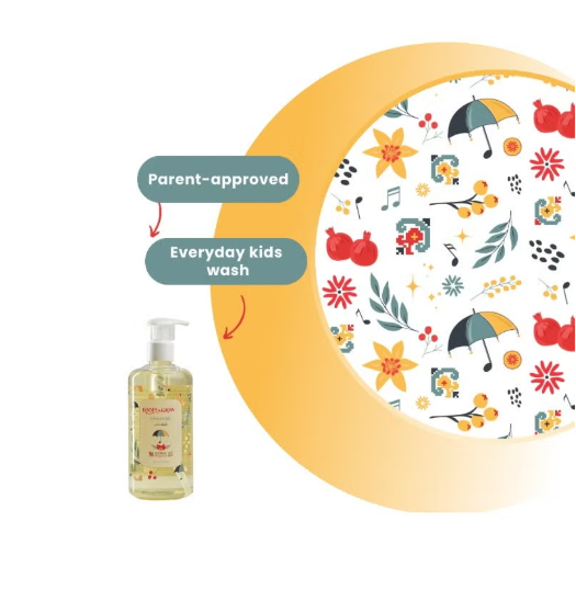 Roots & Glow Kids Shower Gel Gentle Daily Cleanse & Nourishing Care Mild shower gel for children’s delicate skin, inspired by Palestinian pomegranates. 