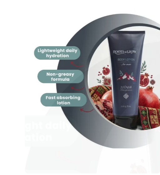 Roots & Glow Men’s Body Lotion 226g Deeply hydration and quick absorption Refreshing body lotion for men, enriched with glycerin & vitamin E.