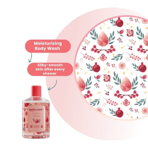 Roots & Glow Women’s Shower Gel Refreshing Cleanse & Nourishing Glow Luxurious daily shower gel inspired by the beauty of blooming pomegranates. 