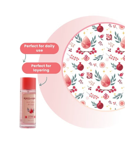 Roots & Glow Women’s Body Mist / Spray 250ml Refreshing Long-Lasting Fragrance Spray Elegant body mist with Palestine's pomegranate floral notes and soft musk.