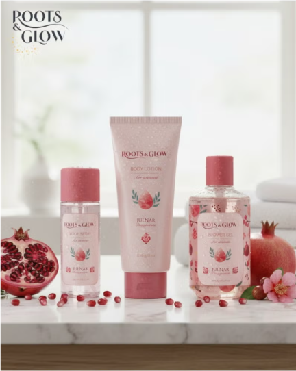 Roots & Glow Women’s Body Mist / Spray 250ml Refreshing Long-Lasting Fragrance Spray Elegant body mist with Palestine's pomegranate floral notes and soft musk.