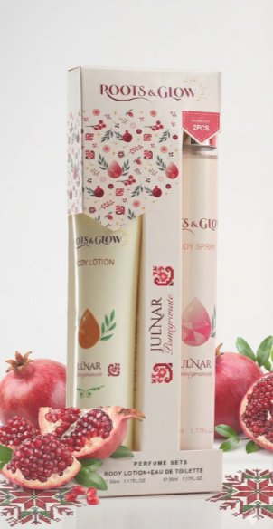 Roots & Glow Women’s Body Care Set 35ml Purse Size Lotion & 35ml Mist / Spray Pack Travel-friendly mini set with Palestinian pomegranate-inspired elegance