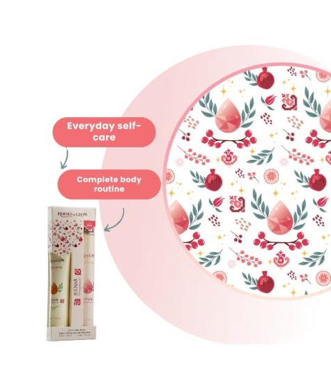 Roots & Glow Women’s Body Care Set 35ml Purse Size Lotion & 35ml Mist / Spray Pack Travel-friendly mini set with Palestinian pomegranate-inspired elegance