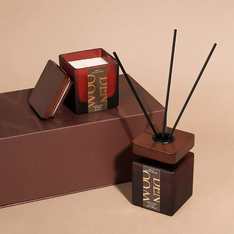 Wood Tone Diffuser & Candle Gift Set With Luxury Packaging Rose & Oud.