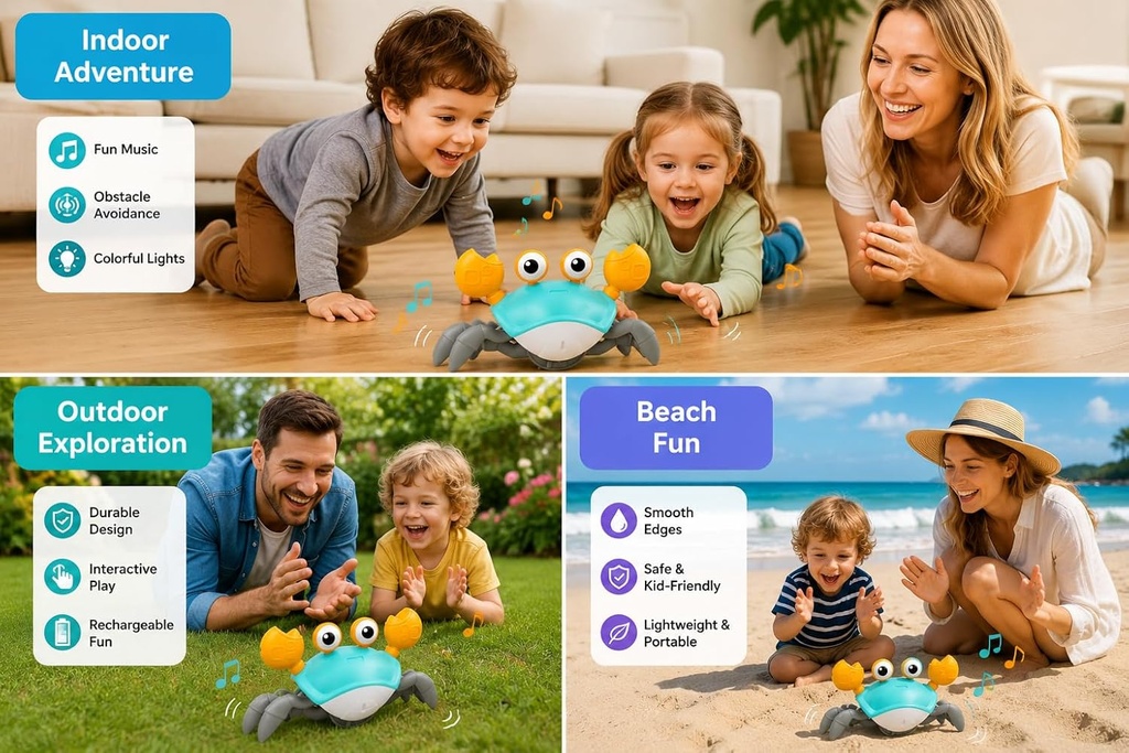 Crawling Crab Baby Toy – Interactive Electric Toy for Baby & Toddlers with Music & LED Lights | Tummy Time Moving Crab Toy with Obstacle Avoidance | Rechargeable – Green/Yellow