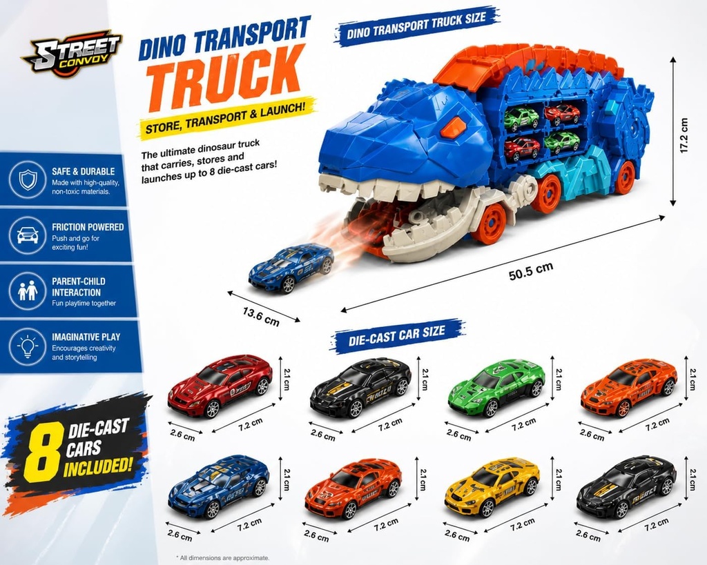 Dinosaur Truck Toy with 8 Cars – Toddler Car Toys for Boys 3-6, 25" Foldable Race Track, Transforms Into T-Rex – Truck Toy for Kids Boys Girls – Dinosaur Car Set