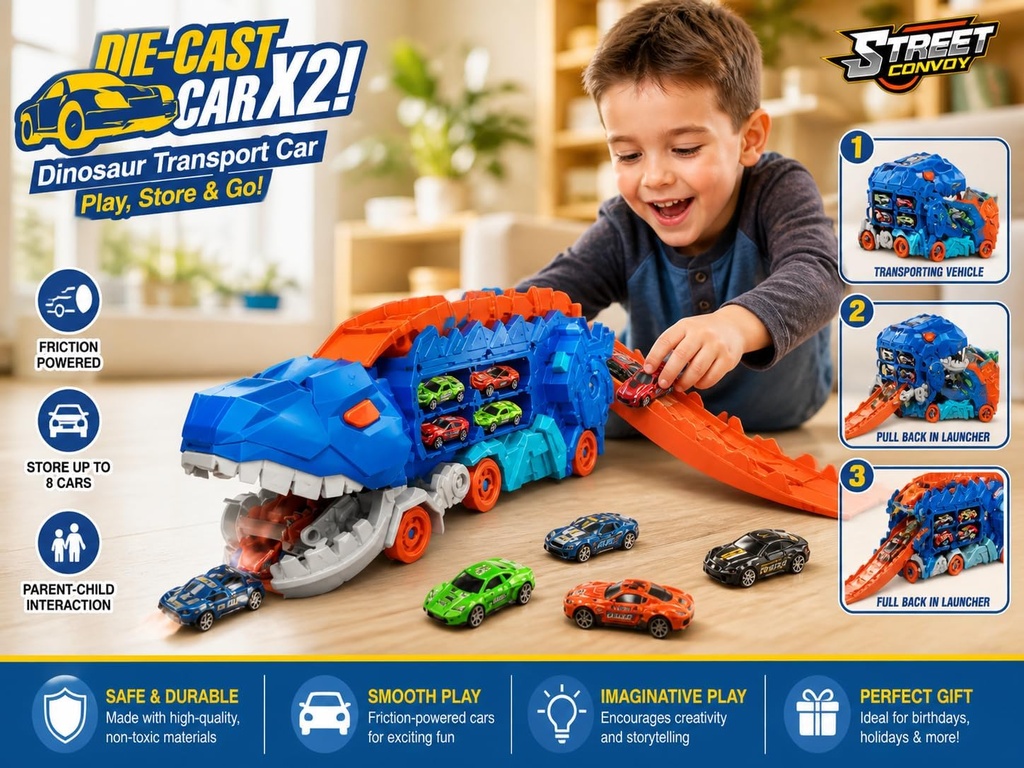 Dinosaur Truck Toy with 8 Cars – Toddler Car Toys for Boys 3-6, 25" Foldable Race Track, Transforms Into T-Rex – Truck Toy for Kids Boys Girls – Dinosaur Car Set
