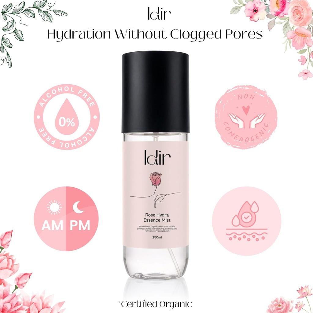 IDIR Organic Rose Water for Face with Hyaluronic Acid- Face Toner 100% Pure & Natural Hydrating Mist - Gentle, Plumping & Soothing Spray for All Skin Types - 250ml