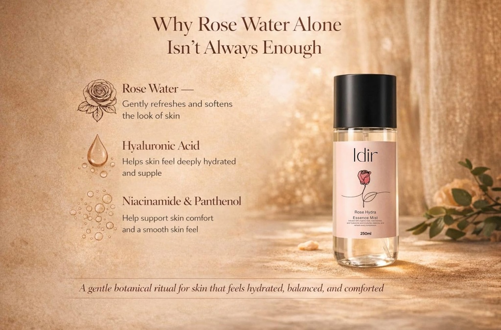 IDIR Organic Rose Water for Face with Hyaluronic Acid- Face Toner 100% Pure & Natural Hydrating Mist - Gentle, Plumping & Soothing Spray for All Skin Types - 250ml