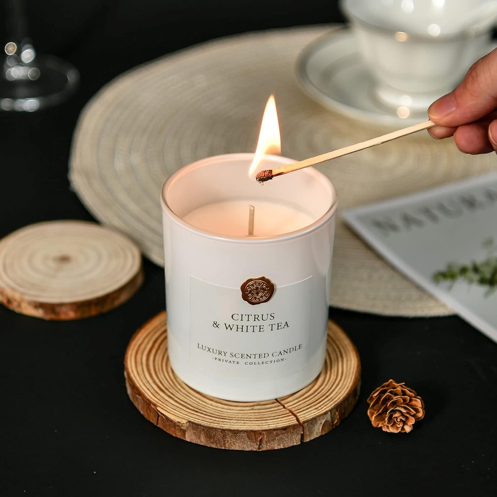 Citrus White tea Candles for Home Scented-White Tea, Pure Essential Oils Natural Soy Candles, White Glass Jars.