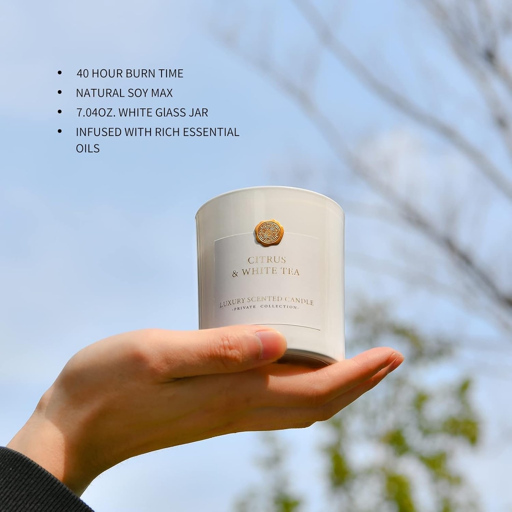 Citrus White tea Candles for Home Scented-White Tea, Pure Essential Oils Natural Soy Candles, White Glass Jars.