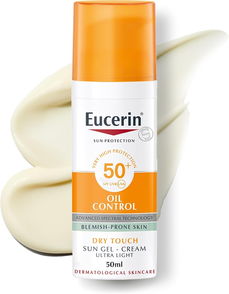 Eucerin Face Sunscreen Oil Control Gel-Cream Dry Touch, High UVA/UVB, SPF 50+, Light Texture Sun Protection, Suitable Under Make-Up, For Blemish-Prone Skin, 50ml