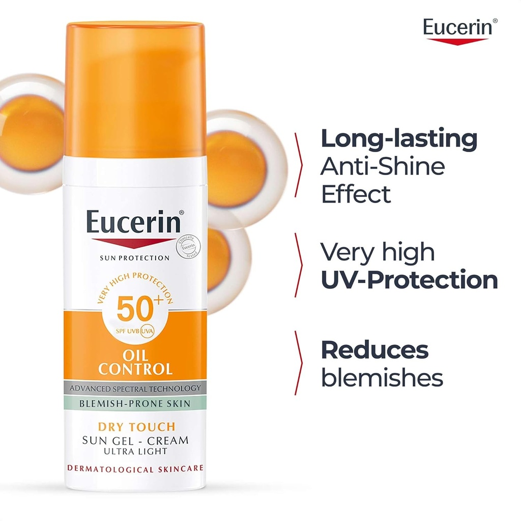 Eucerin Face Sunscreen Oil Control Gel-Cream Dry Touch, High UVA/UVB, SPF 50+, Light Texture Sun Protection, Suitable Under Make-Up, For Blemish-Prone Skin, 50ml