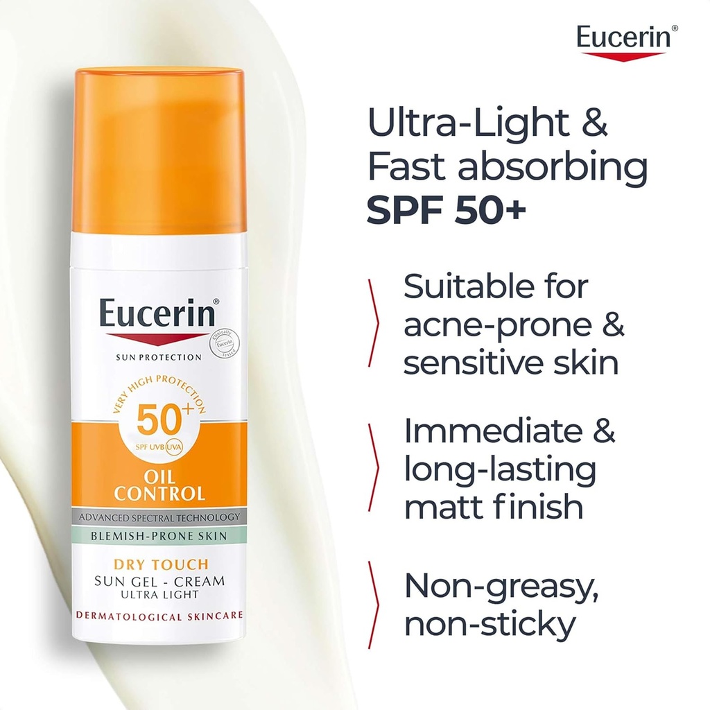 Eucerin Face Sunscreen Oil Control Gel-Cream Dry Touch, High UVA/UVB, SPF 50+, Light Texture Sun Protection, Suitable Under Make-Up, For Blemish-Prone Skin, 50ml