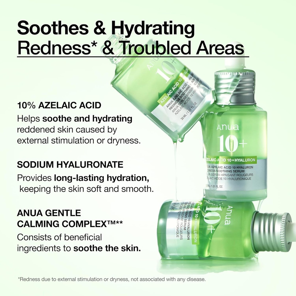 Anua Azelaic Acid 10 Hyaluro Redness Soothing Serum, Facial Serum for Sensitive skin, Hyaluronic Acid, Niacinamide, Spot Care, Natural Color, Vegan, Korean Skincare (30ml/ 1.01 fl oz.) 