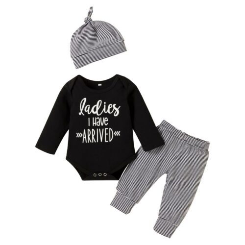 Wording Romper for baby boys Baby Boy Slogan Graphic Bodysuit and  Striped Pants With Hat