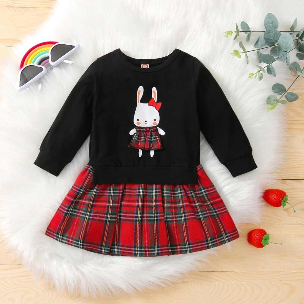 6-24M Infant Baby Girl Long Sleeve Rabbit Plaid Printed Dress Outfit Toddler Fall Winter Cute Pullover Skirts 