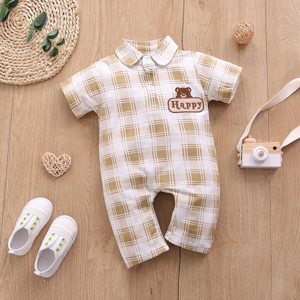 Baby Argyle happy Bear Print Striped Trim Polo Neck Jumpsuit