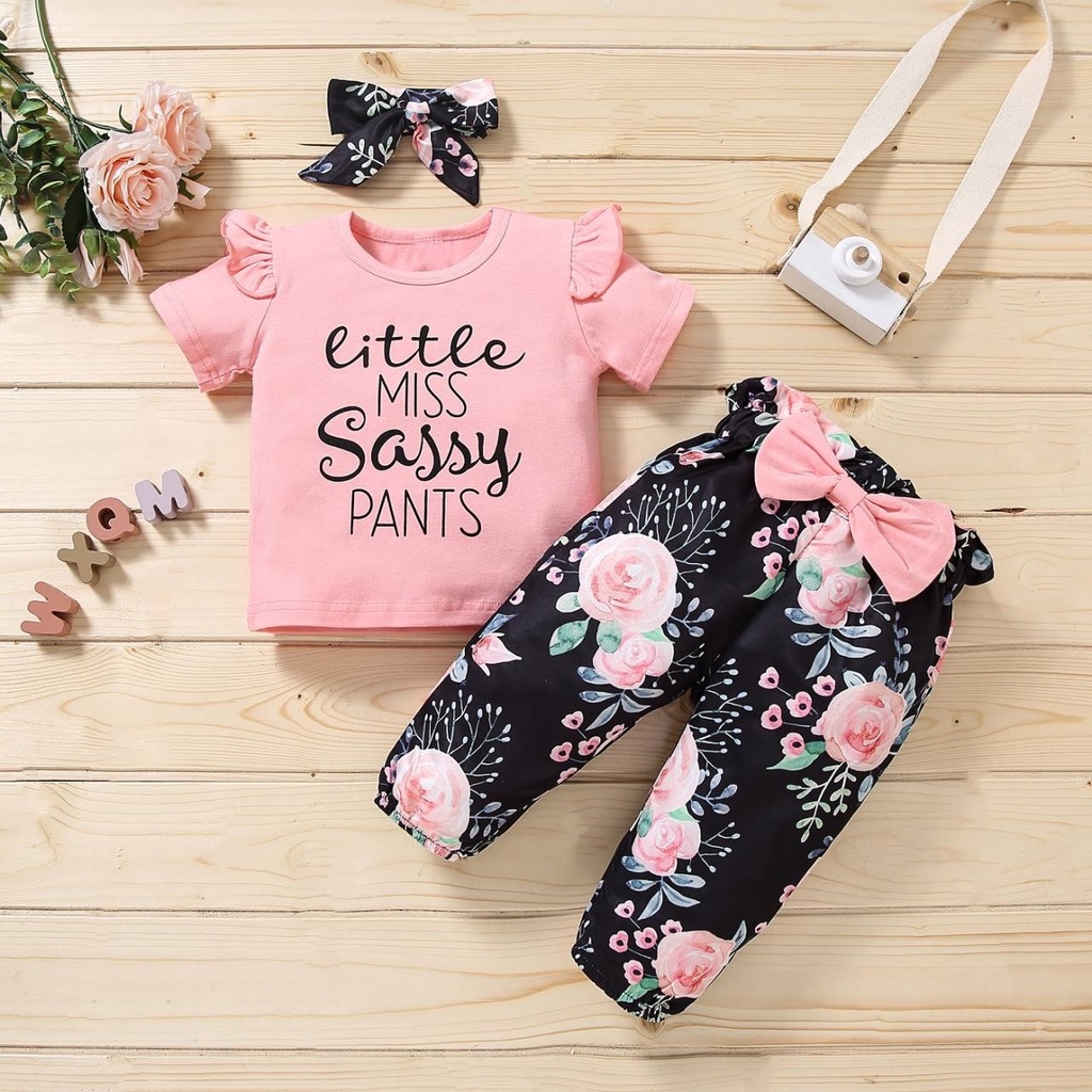 3 Pieces Little Miss Sassy Pants Baby Girl Pink Set Top and Pants and  Headband