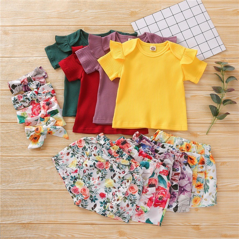 3pcs T-shirt pant set short sleeve girls summer wear toddle clothing suits
