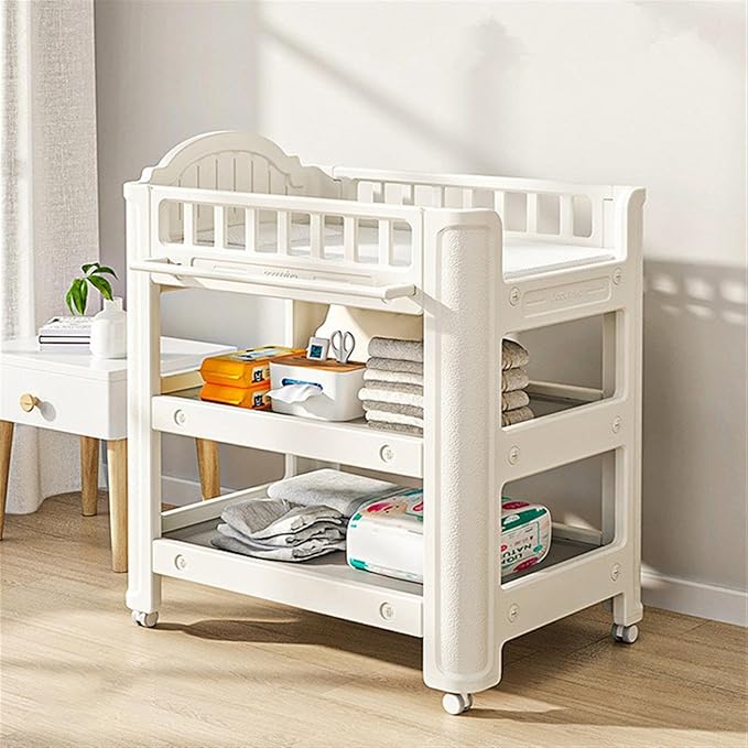 Baby Changing Table, Diaper Dresser Station, 3 Hanging Boxes, 2 Storage Racks, Lockable Wheels, Nursery Organizer for Newborn Infant