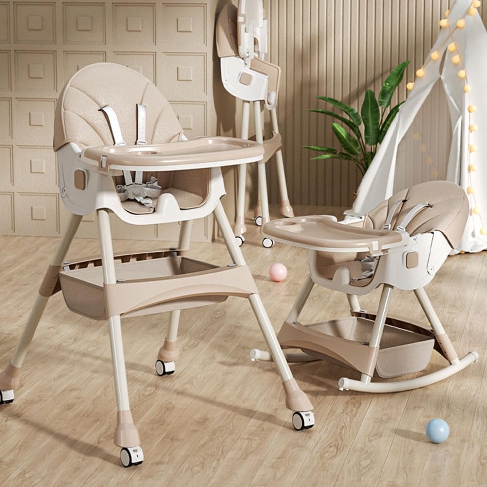 2-1 Baby High Chair, Foldable Infant Dining Chair Rocking Chair, Multifunctional Toddler Kids Feeding Chair, 3Gears Adjustable Recliner Chair with Eating Food Tary & 360° Wheels.