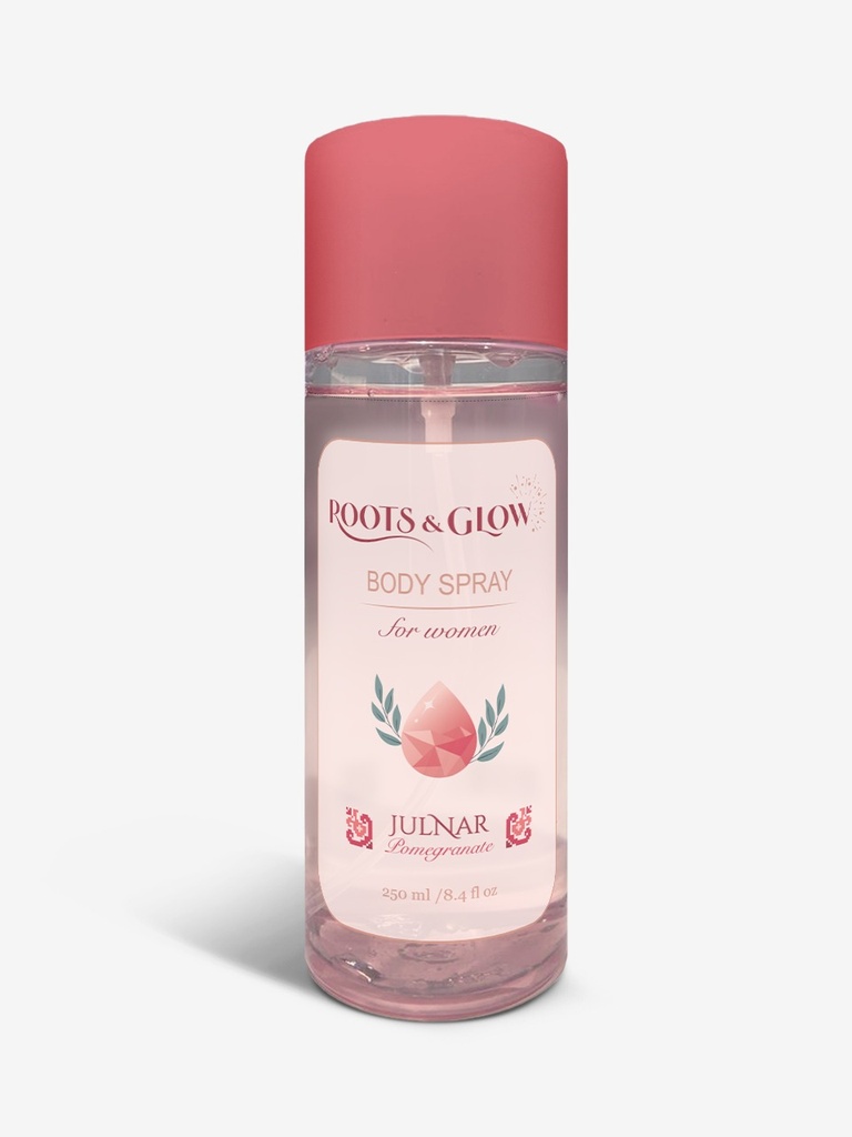 Roots & Glow Women’s Body Mist / Spray 250ml Refreshing Long-Lasting Fragrance Spray Elegant body mist with Palestine's pomegranate floral notes and soft musk.