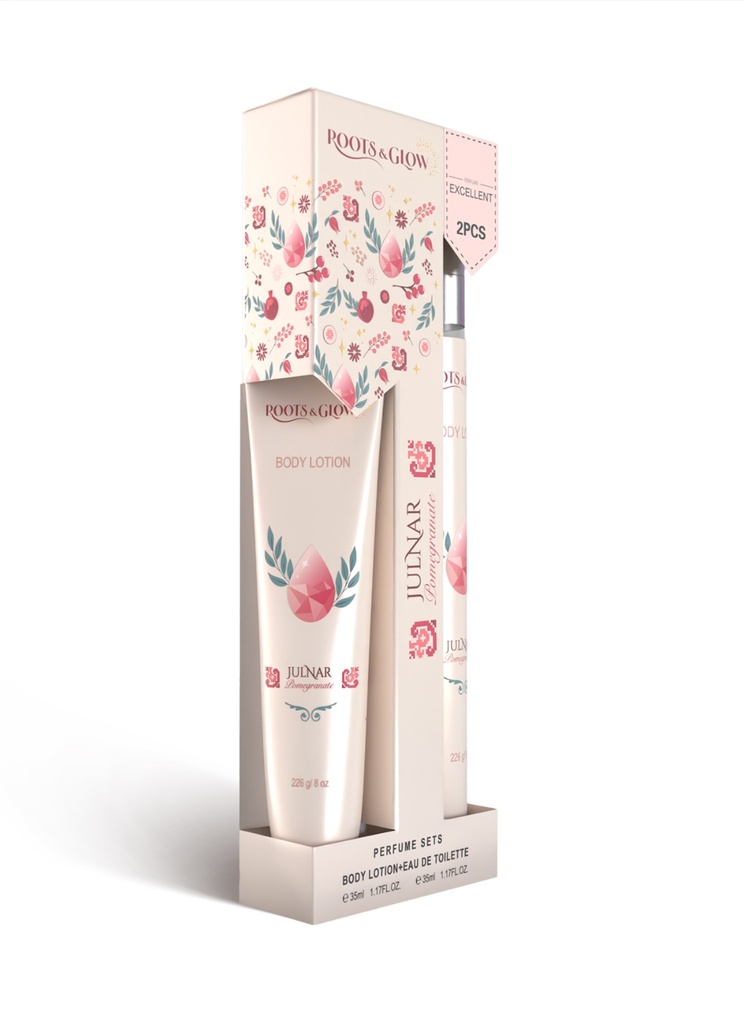 Roots & Glow Women’s Body Care Set 35ml Purse Size Lotion & 35ml Mist / Spray Pack Travel-friendly mini set with Palestinian pomegranate-inspired elegance
