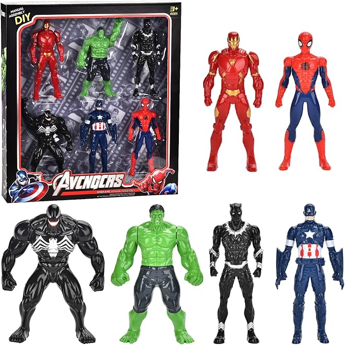  Avengers Action Super Hero Figures 8-Pack with Iron Man, Hulk, Captain America, Venom, Thor, Spider Man, Black Panther - Marvel Toys Gift Set for Kids Ages 4+ (Multi Colors)