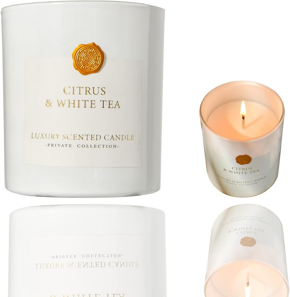 Citrus White tea Candles for Home Scented-White Tea, Pure Essential Oils Natural Soy Candles, White Glass Jars.