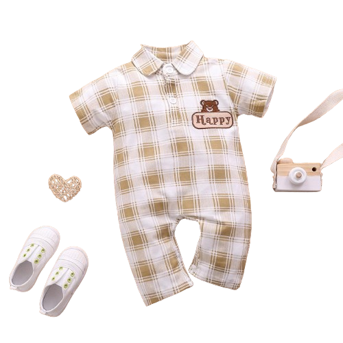 Baby Argyle happy Bear Print Striped Trim Polo Neck Jumpsuit