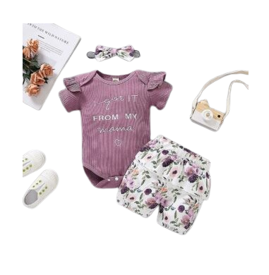 Newborn Infant Baby Girls Short Sleeve Ribbed Romper Top Floral Shorts Headband Set Outfits